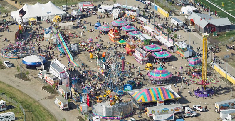 An Aerial view of the St. Albert Rainmaker Rodeo late Sunday afternoon shot while riding in an RCMP Helicopter. The Helicopter was in St. Albert for extra security during the 