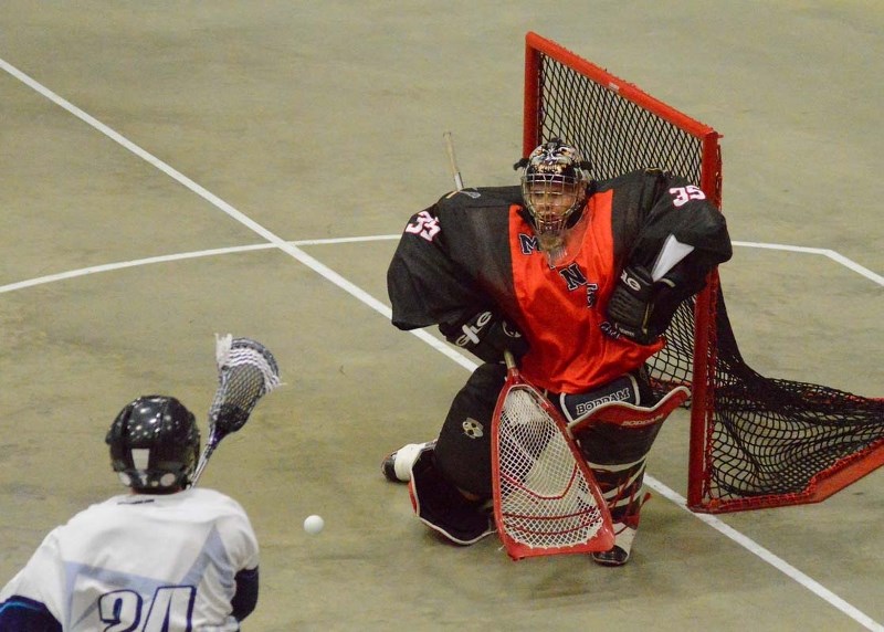 SHOT STOPPER – Matt Hiebert of the St. Albert Miners stares down a shot by Mike Cameron of the Calgary Mountaineers in the Rocky Mountain Lacrosse League. Hiebert has played