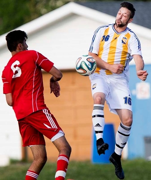 BLOCKER – Rich Brown of the St. Albert Impact stops a shot in Wednesday&#8217;s division 1B match against Southwest United in the Edmonton District Soccer Association. The