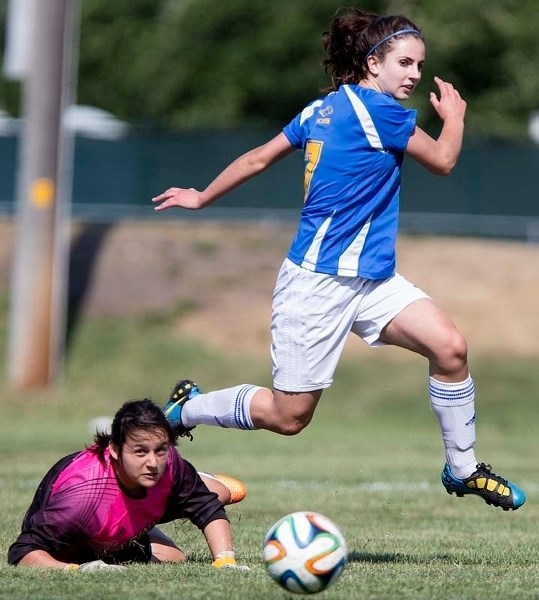 GOAL SCORER – Maria Czyz of the St. Albert Skyhawks opened the scoring on this play in Tuesday&#8217;s 2-0 win over the Holy Trinity Trojans in the metro Edmonton division