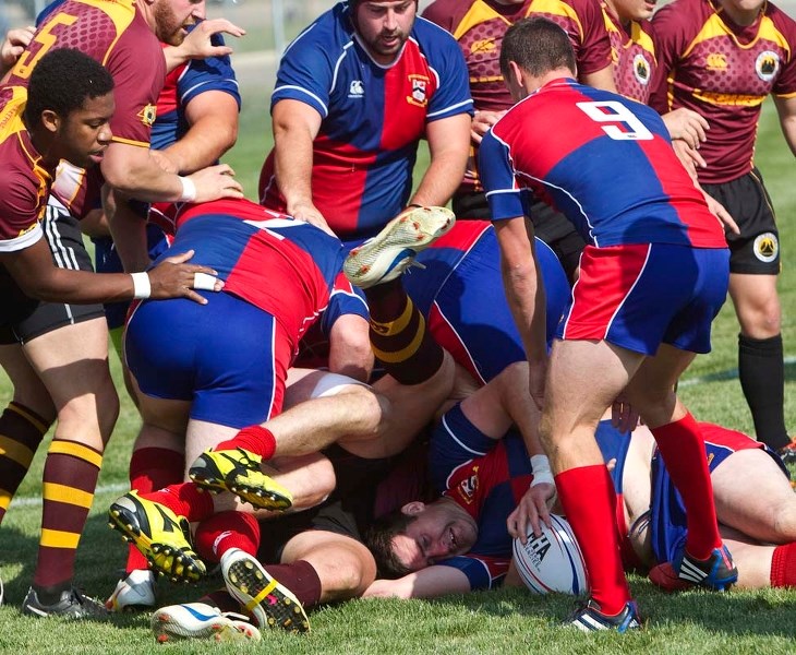 RUCKING IT UP – Players from the St. Albert Rugby Football Club and the Nor&#8217;Westers grapple for possession in last year&#8217;s premier men&#8217;s north playoff. The