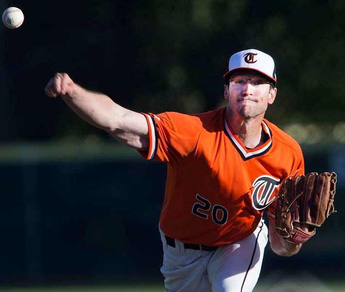 PACKING HEAT &#8211; Matt Hammond of the senior AAA St. Albert Tigers fires a pitch in Friday&#8217;s 7-2 win over the Sherwood Park A&#8217;s in the Sunburst Baseball League 