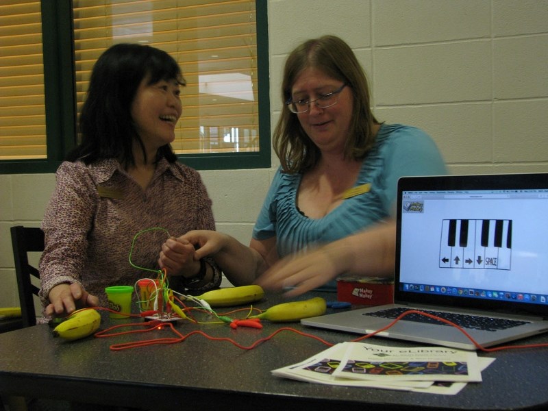 The St. Albert Public Library&#8217;s digital services librarian Kirsten Ng demonstrates a Lego WeDo robot during the Pop-Up eLibrary on Wednesday.