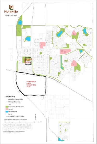 This map shows locations for Morinville&#8217;s new schools.