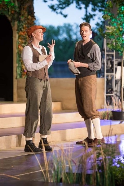 Rosalind/Ganymede (Mary Hulbert) and Orlando (Andrew MacDonald-Smith) spar about the nature of love in Freewill Shakepeare Festival&#8217;s production of As You Like It