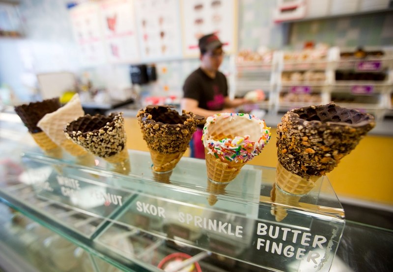 Waffle cones on display at the Marble Slab.