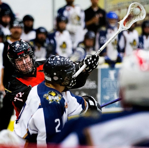 TAKING THE SHOT – Jordan Cornfield of the St. Albert Senior B Miners takes a shot on net at their game against the Sherwood Park Outlaws on Sunday at Go Auto arena.