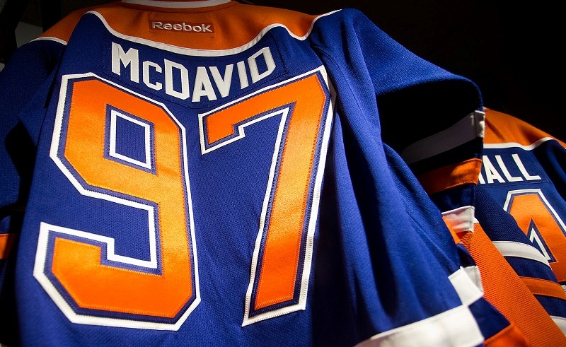 NEW PLAYER – Connor McDavid apparel and memorabilia lines the shelves at the St. Albert Jersey City on Friday. Store staff say that the McDavid branded apparel is extremely