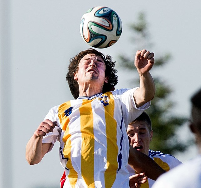 JUMP BALL – Noah Boyko heads the ball for the division 1B St. Albert Impact team in the Edmonton District Soccer Association. The Impact (6-5-1) are fourth overall in the