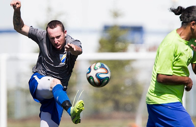 BALL STRIKER – Matt Starcheski of Chester City gets a big boot away at the St. Albert Men&#8217;s Soccer League all-star game Sunday. After 12 matches Starcheski shares the