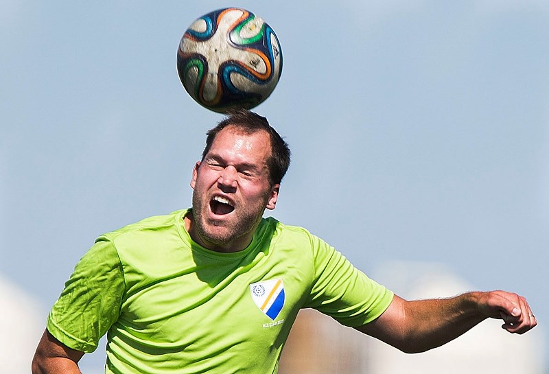 ON THE BALL – Jordan Ritchie heads the ball for SA City at the recent St. Albert Men&#8217;s Soccer League all-star game. The SAMSL playoffs are underway to determine the two 