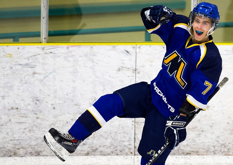 GOAL GETTER – Josh Jewell of the St. Albert Merchants celebrates a goal in last weekend&#8217;s 5-3 exhibition win over the Spruce Grove Regals at Akinsdale Arena. The