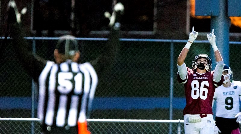TOUCHDOWN – Eric Calkins of the Bellerose Bulldogs celebrates a 42-yard touchdown reception in the second quarter against the Spruce Grove Panthers on Friday night at Riel