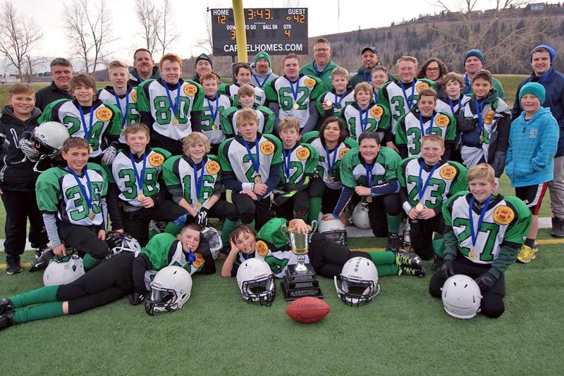 GREEN MACHINE – The St. Albert Riders battled back from a 12-6 halftime deficit with 36 unanswered points to defeat the Calgary Colts 42-12 in the Football Alberta peewee