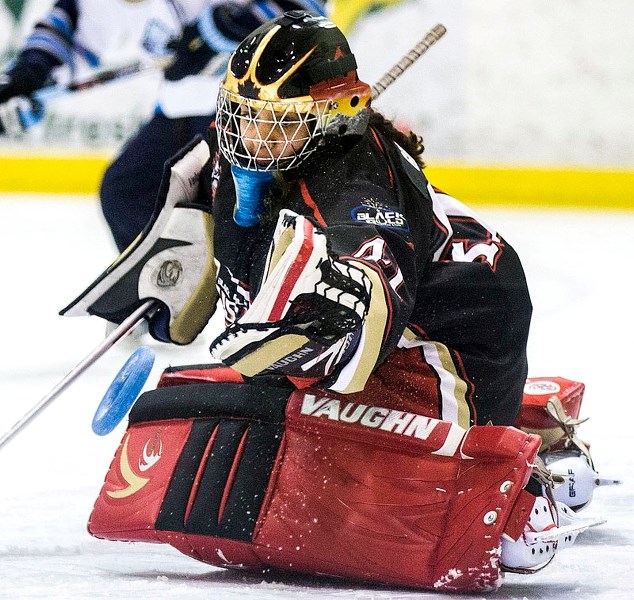 SHOT BLOCKER – Anj Grewal of St. Albert makes a save for the Edmonton Black Gold Rush against the BC Thunder in the National Ringette League on Sunday at the Terwilliger