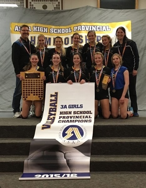 PROVINCIAL CHAMPIONS – The St. Albert Skyhawks are the golden girls of 3A provincial volleyball after finishing a season of excellence at 44-4 by sweeping the St.