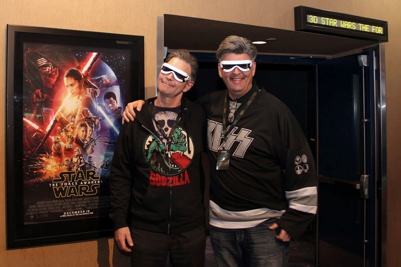 Brothers Allan and Chuck Mulholland wear their 3-D Stormtrooper glasses as they endure a seven-episode marathon screening of all Star Wars movies on Thursday. They started at 