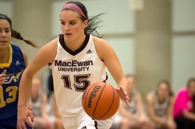 PUSHING FORWARD &#8211; Kendall Lydon runs the floor in her third season with the MacEwan University Griffins. The point guard is one of five St. Albert Skyhawks&#8217;