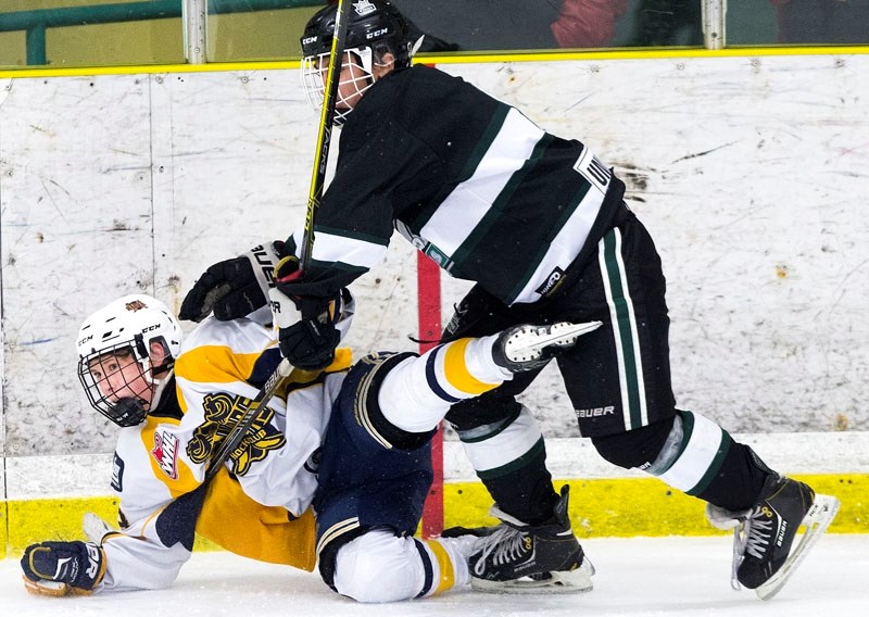 KNOCKED DOWN â€“ Michael Benning of the St. Albert Gregg Distributors Sabres is on the receiving end of a check by Peyton McKenzie of the Sherwood Park Flyers during an