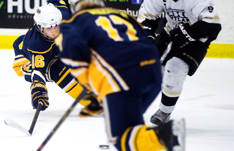 DEFENSIVE ATTACKER â€“ Kylie Foisy of the St. Albert Lady Raiders makes a play for the puck during a game in the Alberta Major Bantam Female Hockey League. Last weekend the