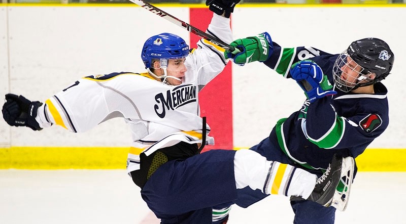 KA-BOOM â€“ Daniel Spatafora of the St. Albert Merchants and Ben Campbell of the Edmonton Mustangs collide during a Capital Junior B Hockey League game in St. Albert. Sunday