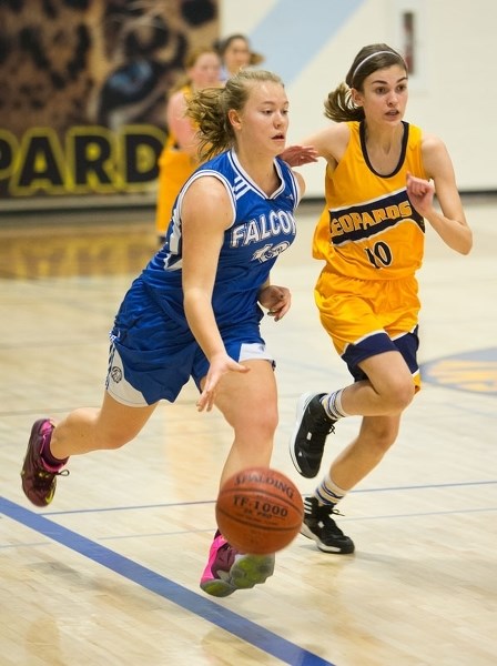 RUNNING THE FLOOR &#8211; Bella Cuciz of the Richard S. Fowler Falcons pushes the ball down court ahead of Jenna Black of the ESSMY Leopards in Tuesday&#8217;s SAPEC junior