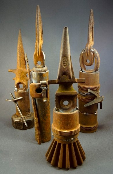 Bonnie Conly&#8217;s Warriors are metal sculptural figurines made out of found items from the land of Saskatchewan. There are 100 such pieces in total in her new exhibit