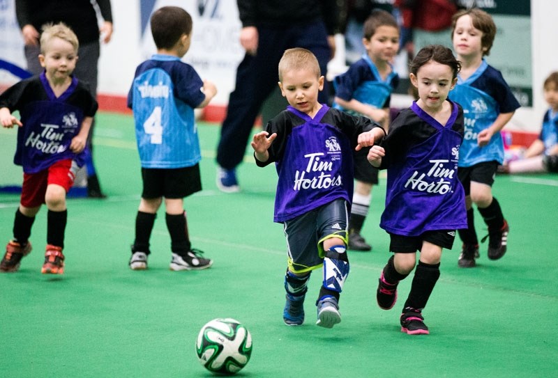 SOCCERFEST â€“ Players get their kicks in during the Ombrelle Active Start Soccer Festival last weekend at Servus Credit Union Place to wrap up the St. Albert Soccer