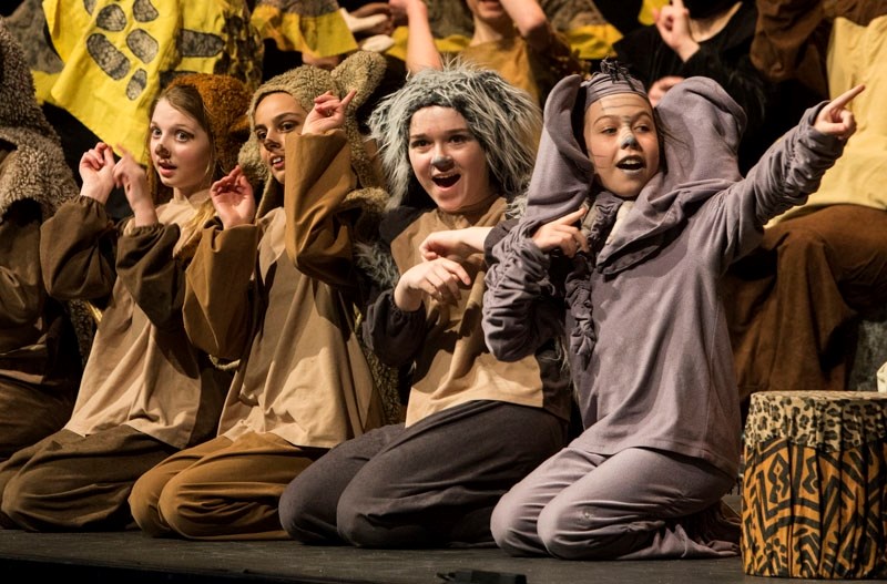 Youth actors portraying jungle animals perform during the Missoula Children&#8217;s Theatre production of The Jungle Book at the Morinville Community Centre on Saturday.