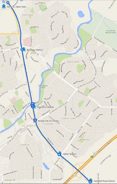 The proposed alignment for a St. Albert LRT line.