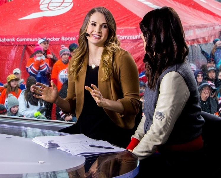GUEST OF HONOUR â€“ Two-time Olympic gold medallist Meaghan Mikkelson of St. Albert talks with Sportsnet co-host Tara Slone inside the mobile broadcast studio on St. Anne