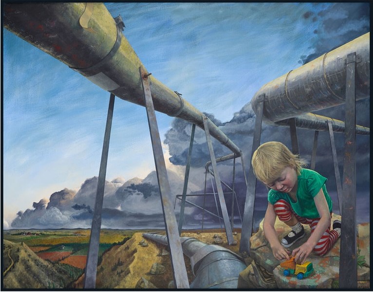 Jessica Plattner&#8217;s Child at Play demonstrates a pristine world being overtaken by industry. The exhibit Overburden is on now at the Art Gallery of St. Albert.