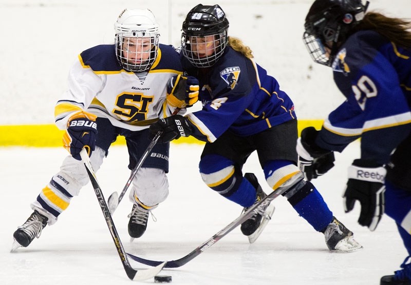 PROVINCIAL HIT â€“ Megan Edworthy-Beer of the St. Albert Hit battles for the puck against Payten Evans (4) and Erika Wenzel of the Calgary Kaos in the Hockey Alberta peewee A 