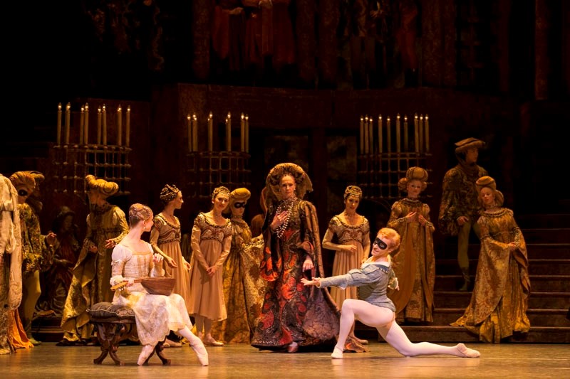 The lovestruck Juliet (Sarah Lamb) is intrigued by the masked Romeo (Steven McRae) and accepts his invitation for a pas de deux in a screening of Kenneth MacMillan&#8217;s