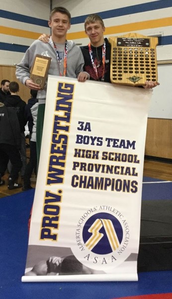 GREAT GRAPPLERS â€“ Jayden Manson and Jack McDougall combined to win the 3A male team title for the St. Albert Skyhawks at the Alberta Schools&#8217; Athletic Association
