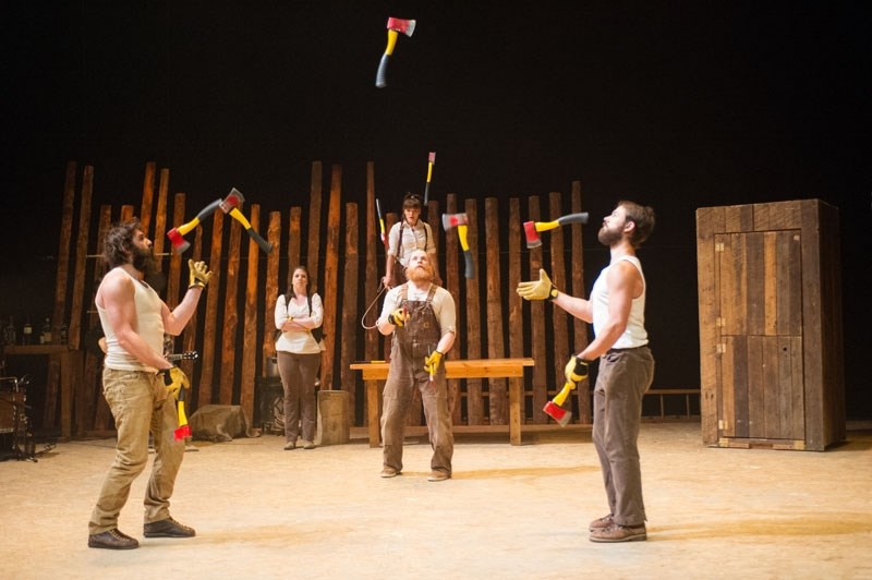 Several members of Cirque Alfonse join in for some rousing family fun juggling razor sharp lumberjack axes in their touring show Timber! playing at the Arden Theatre on