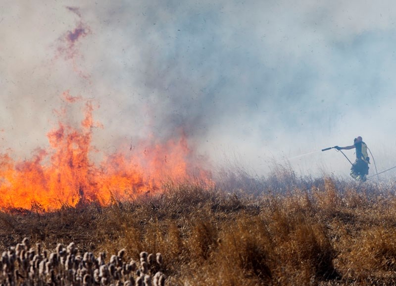 A fire fighter works to control the spread of the fire that had been burning dried reeds and willow trees along Big Lake.