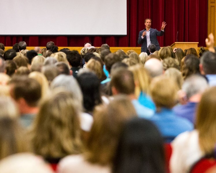 DON&#8217;T WORRY ABOUT THE KIDS â€“ Keynote speaker and renowned child psychologist Alex Russell speaks to a packed room of teachers and parents Monday at the Italian