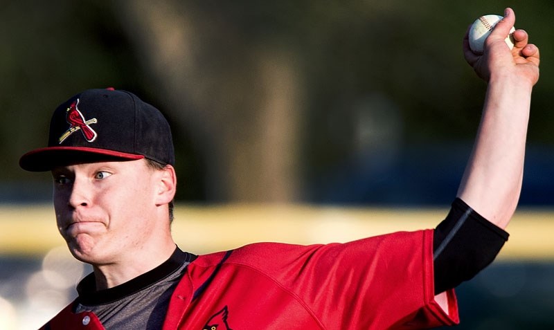 ARMED AND DANGEROUS &#8211; Erik Sabrowski throws a pitch for the midget AAA St. Albert Cardinals in Tuesday&#8217;s exhibition against the Sherwood Park A&#8217;s at Legion