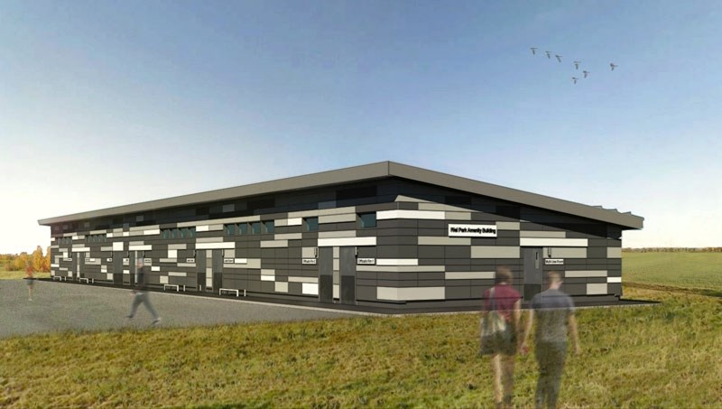 An artistic rendering of what the north and west sides of the new Riel amenities building will look like.