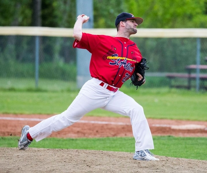 GUNNER â€“ Jarvis Greiner of the St. Albert Junior Cardinals delivers a pitch in Friday&#8217;s 4-0 win over the Sherwood Park Athletics at the third annual Rainmaker Rodeo