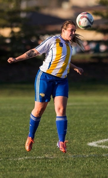 HEAD GAMES â€“ Breanne Murphy heads the ball for the St. Albert Impact in the Edmonton District Soccer Association. Murphy plays for the first-place division 1B (4-1-2) and