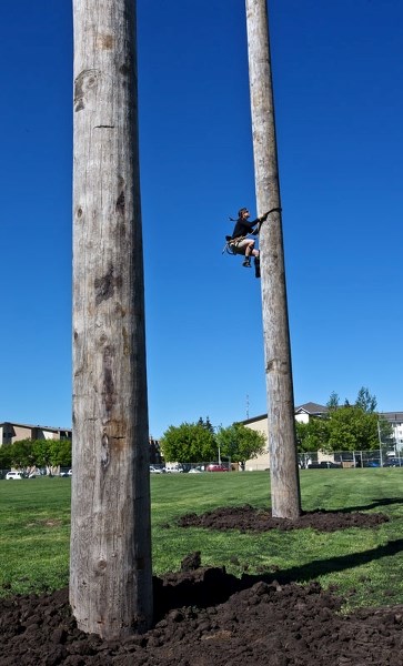 Lumberjack festival organizer Kat Spencer tests out some climbing poles that Fortis Alberta installed beside Ray MacDonald Arena in Morinville on Friday in preparation for