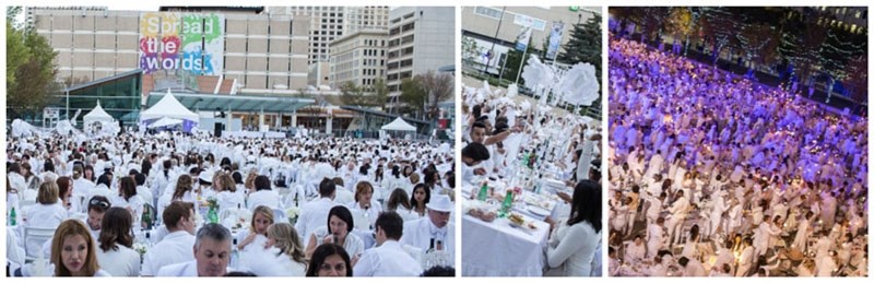 A collage of photos from Edmonton DĂ®ner en Blanc in 2015 at Sir Winston Churchill Square.