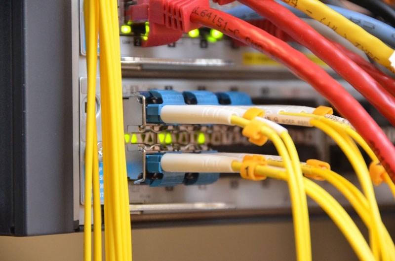 Fibre optic cables connected to network switching equipment within the City of St. Albert&#8217;s Municipal Area Network (MAN). The MAN links several City buildings and