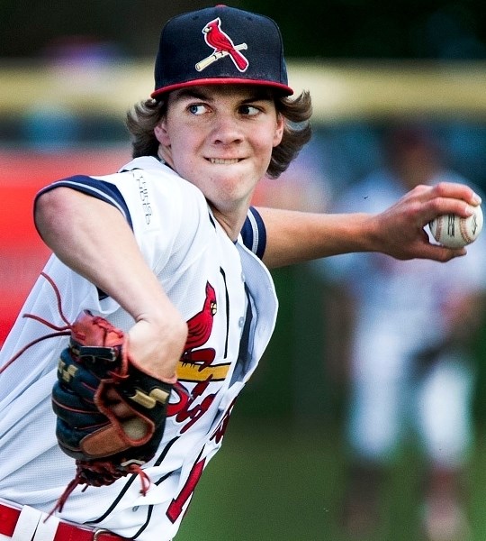 HERE&#8217;S THE PITCH &#8211; Dylan Gates is focused on the strike zone for the St. Albert Cardinals in Wednesday&#8217;s game against the Parkland Twins in the Norwest