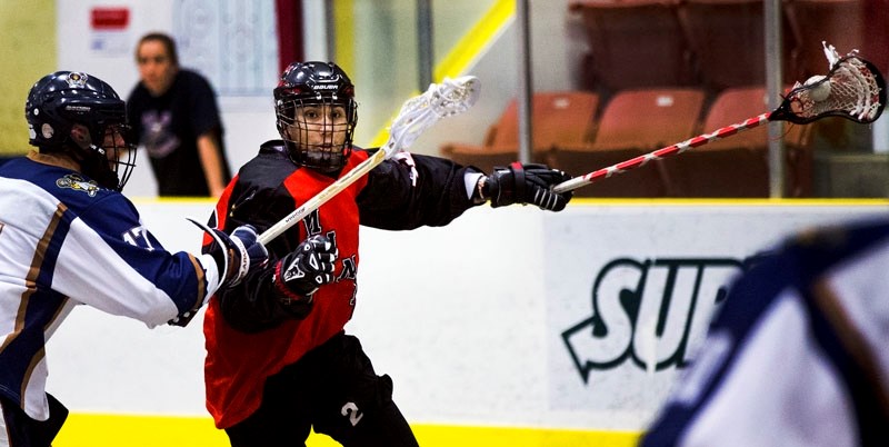 SCORING THREAT â€“ Keegan Bal of the senior B St. Albert Miners runs the floor against the Beaumont Outlaws in Monday&#8217;s 15-6 decision at Go Auto Arena. The host team