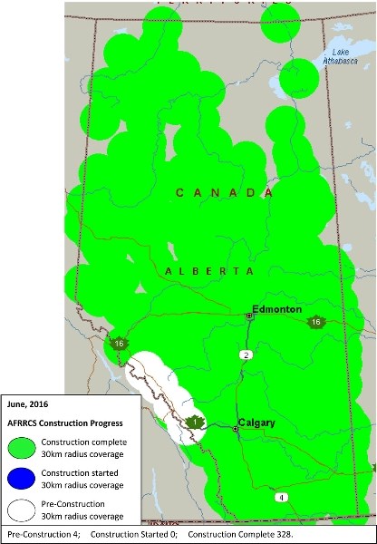 Map of Alberta showing coverage for new first responders radio system.