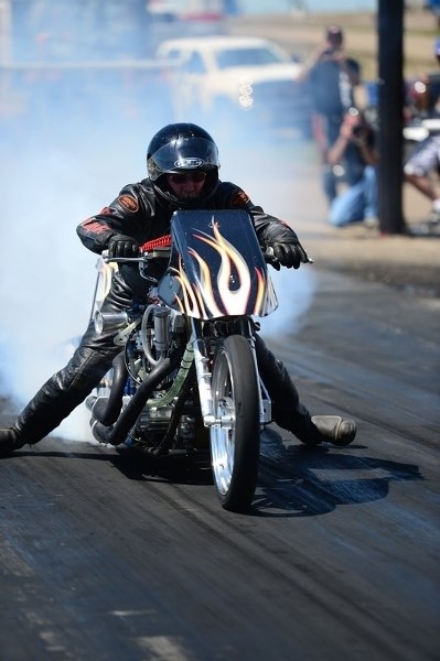 BIG WHEEL â€“ Quinn Olson of St. Albert was the top nitro harley racer in the Hawaya Racing Products Pro Dragster class at the recent Canadian Motorcycle Drag Racing