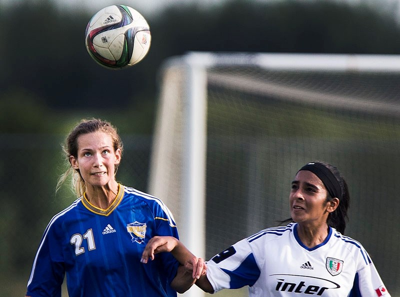 IMPACT HEADER â€“ Cailyn Newman heads the ball for the St. Albert Impact in Tuesday&#8217;s 5-0 premier division win over Inter SC at Riel Park. Jessica Rankine scored three